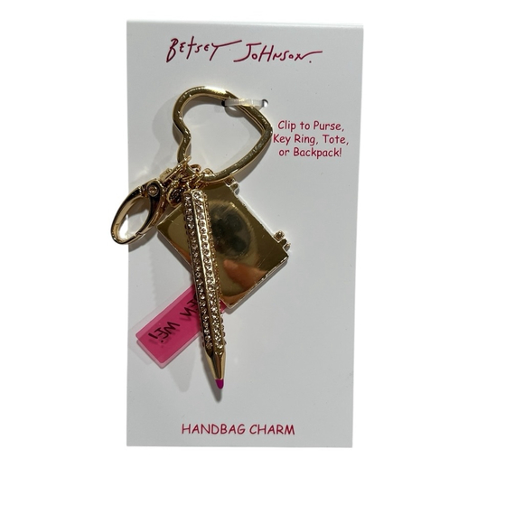 Betsey Johnson Gold Hot Pink Notebook and Pencil Key Chain Fob Bag Charm NWT - Picture 3 of 4